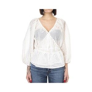 LEVIS Top Women M Delilah Wrap Surplice Blouse Peplum Sheer Windowpane Off White